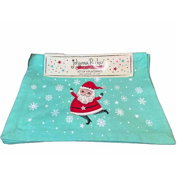 JOHANNA PARKER Mint Green SANTA CLAUS Christmas Cotton PLACEMATS Set of 4 New - Picture 1 of 10